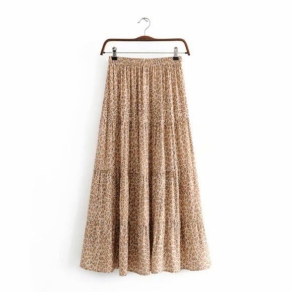 Boho Leopard Print Drawstring Stretchy Waist Maxi Skirt - Picture 3 of 3